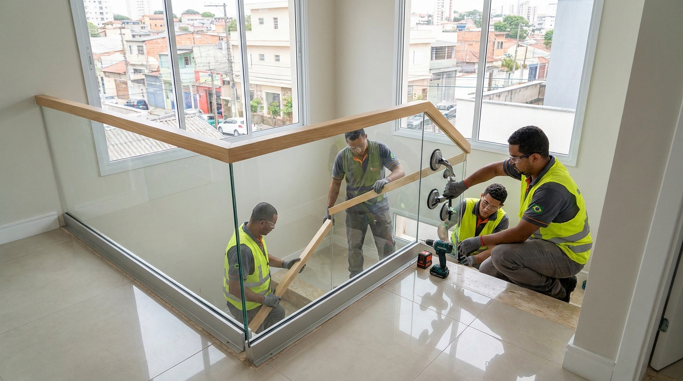 Mezanino interno com guarda-corpo de vidro em Boa Vista-RR