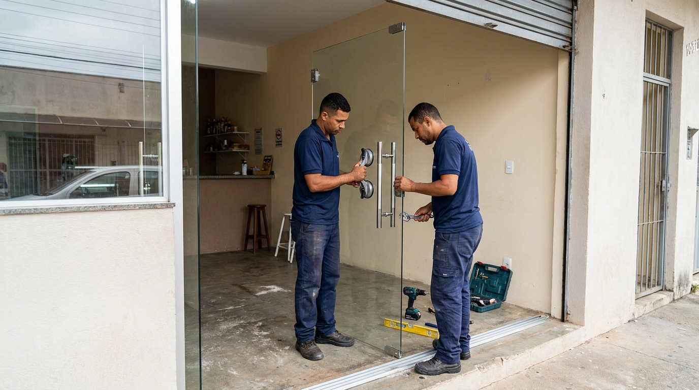 Dupla instalando porta de vidro em loja em Boa Vista-RR